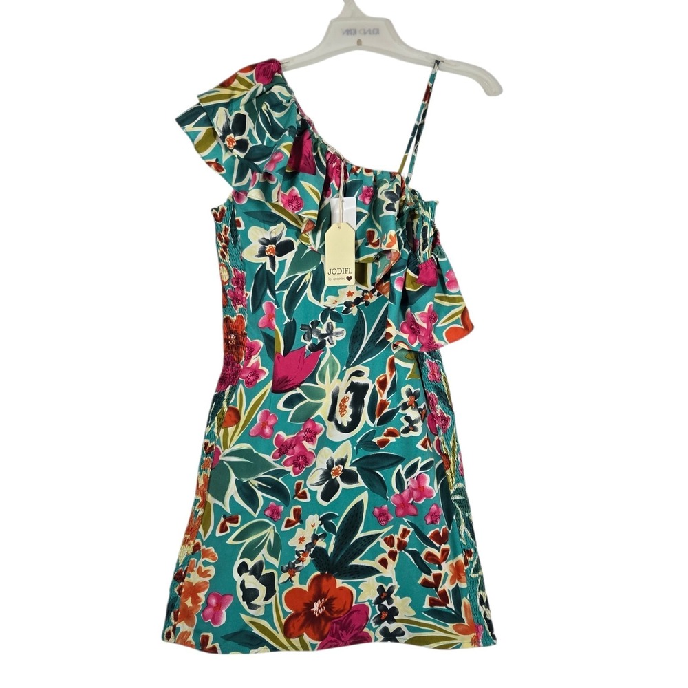 Jodifl Floral Asymmetric dress Womens Small Green Pink Mini Smocked NEW